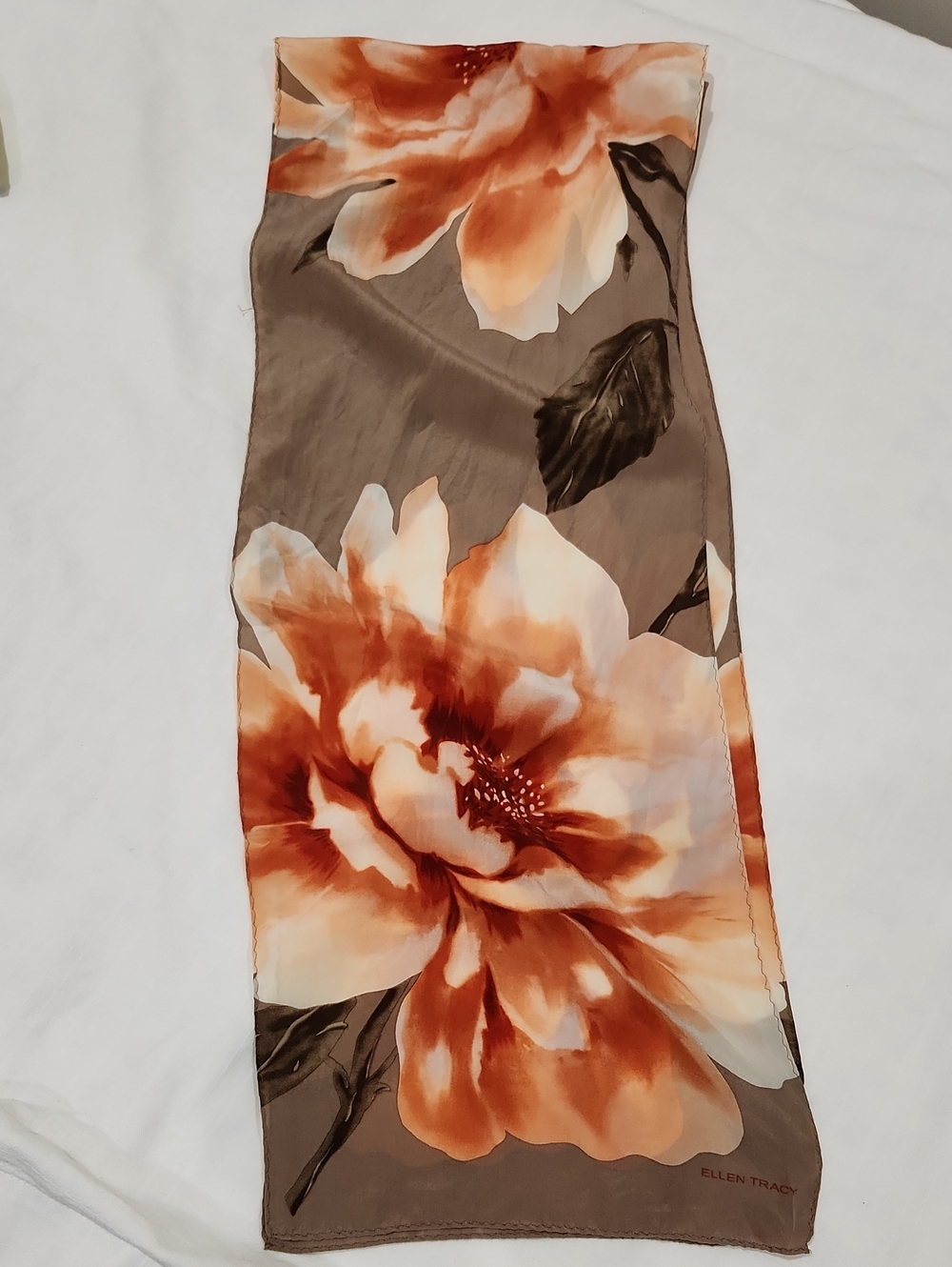 Ellen Tracy Taupe and Orange Floral Silk Scarf Size 10x 56 Inches